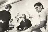 Jasper Johns, center, with his assistant, James Meyer, right, and an unknown associate in 1989